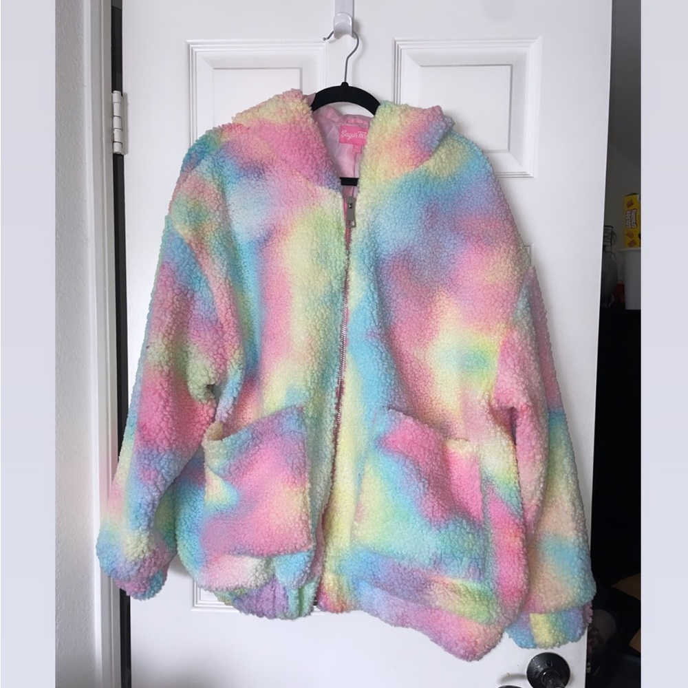 Dolls Kill Pastel Rainbow Teddy Zip-Up Jacket